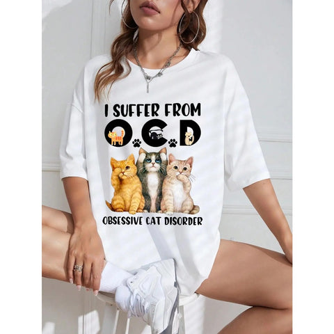 Camiseta com letras e gráficos estampados manga curta, respirável, moda de rua, casual Gato