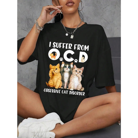 Camiseta com letras e gráficos estampados manga curta, respirável, moda de rua, casual Gato