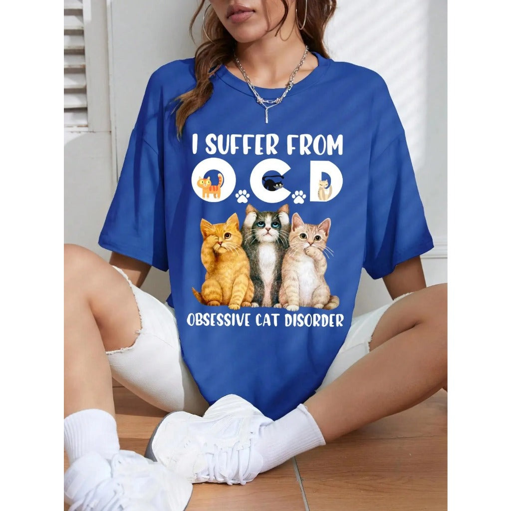 Camiseta com letras e gráficos estampados manga curta, respirável, moda de rua, casual Gato