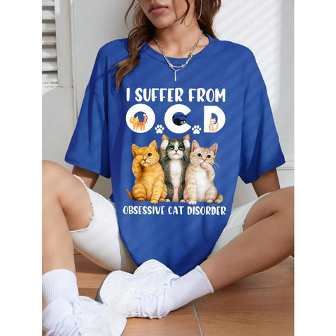 Camiseta com letras e gráficos estampados manga curta, respirável, moda de rua, casual Gato