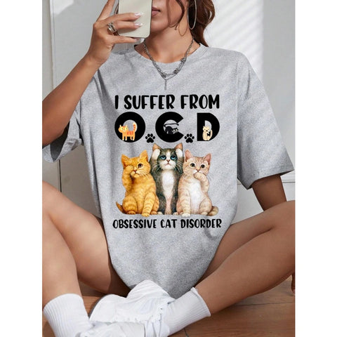 Camiseta com letras e gráficos estampados manga curta, respirável, moda de rua, casual Gato