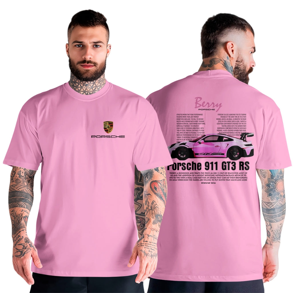 Blusa Masculina Algodão Unissex Streetwear Oversized Moderna Carro de Luxo 911 GT3 RS Rosa
