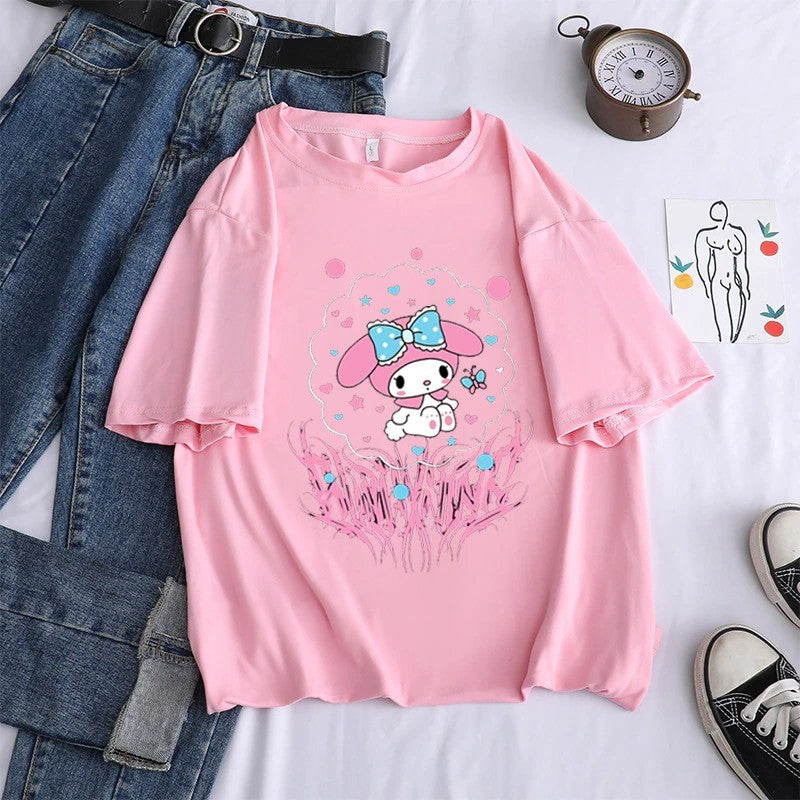 Camiseta Hello Kity Kuromi Fofa Unissex Masculina Algodão Estilo Drip Trap Tendência
