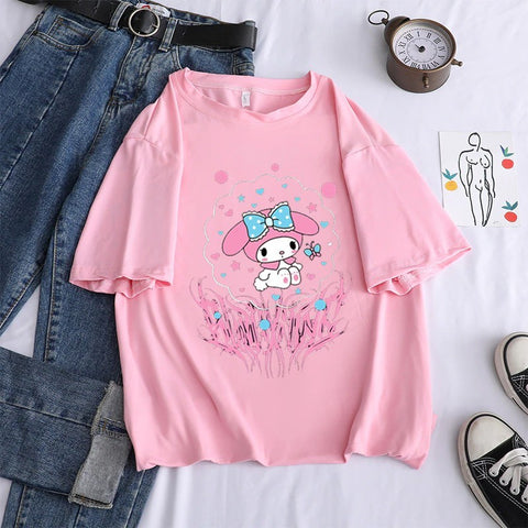 Camiseta Hello Kity Kuromi Fofa Unissex Masculina Algodão Estilo Drip Trap Tendência