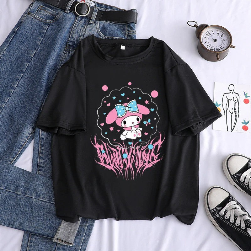 Camiseta Hello Kity Kuromi Fofa Unissex Masculina Algodão Estilo Drip Trap Tendência