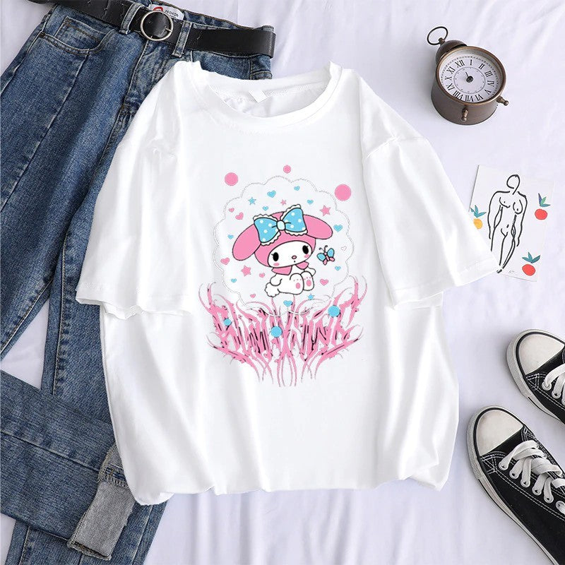Camiseta Hello Kity Kuromi Fofa Unissex Masculina Algodão Estilo Drip Trap Tendência